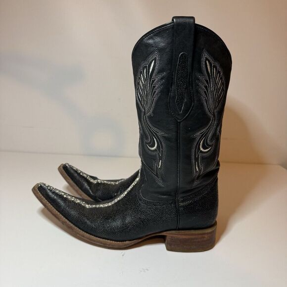 Mens Black Cowboy Boots Stingray Imitaition Leather Pointed Toe Sz 6 Arango Boot - Picture 2 of 12